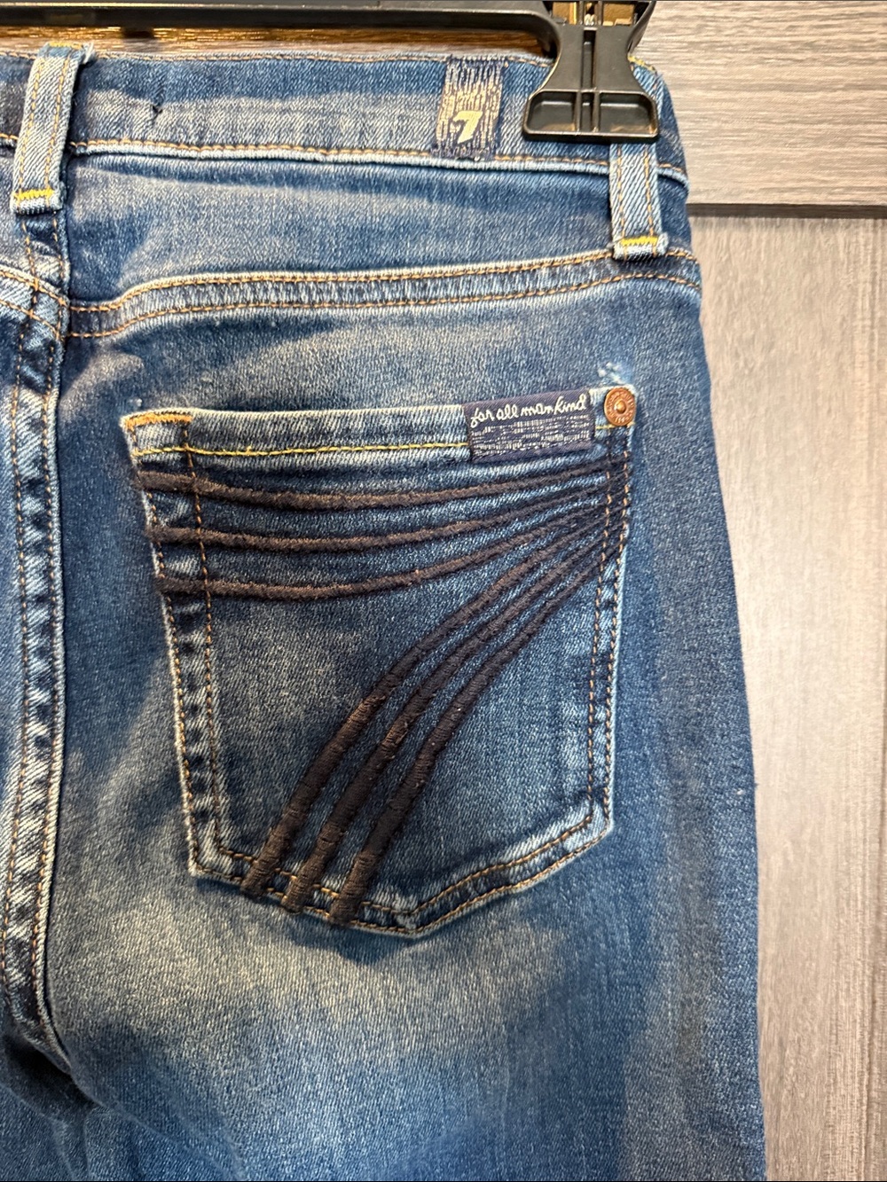 7 For All Mankind Medium Blue Flare Jeans with Embroidered Pockets - Picture 2 of 5